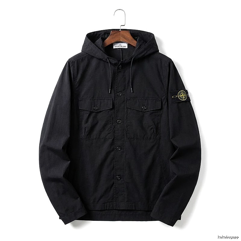 Stone Island Workwear Style Black Hooded Coat