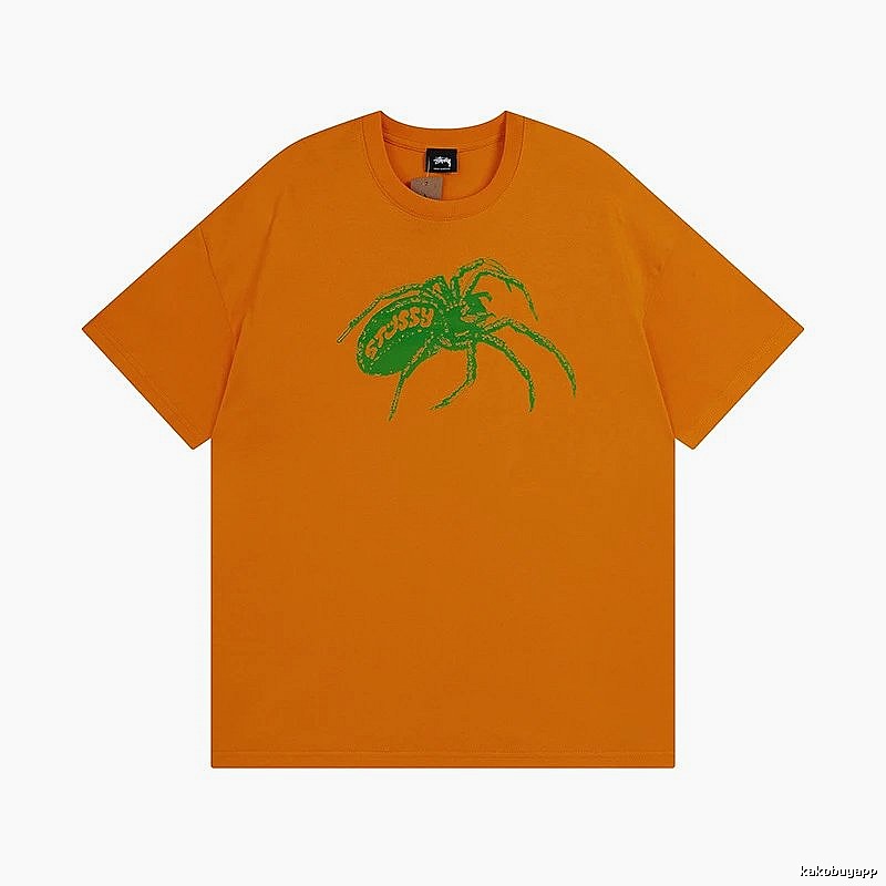 Stussy Orange Spider Graphic T-Shirt Streetwear Look Logo