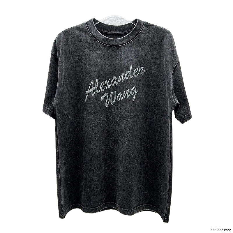 Alexander Wang Distressed Charcoal Gray Rhinestone-embellished Short Sleeve T-Shirt