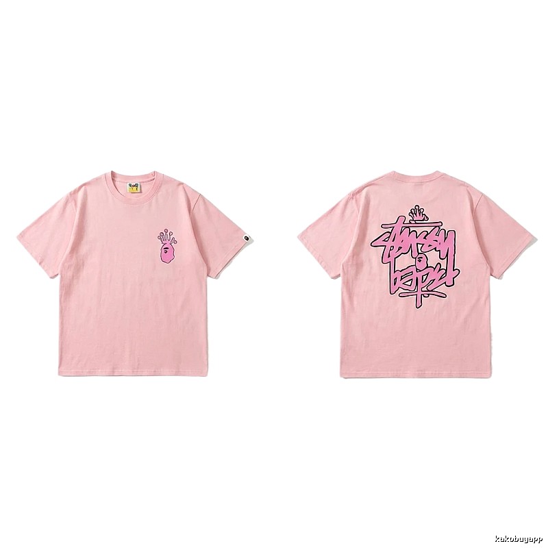 Bape Crown Print Trendy Cool Pink T-shirt
