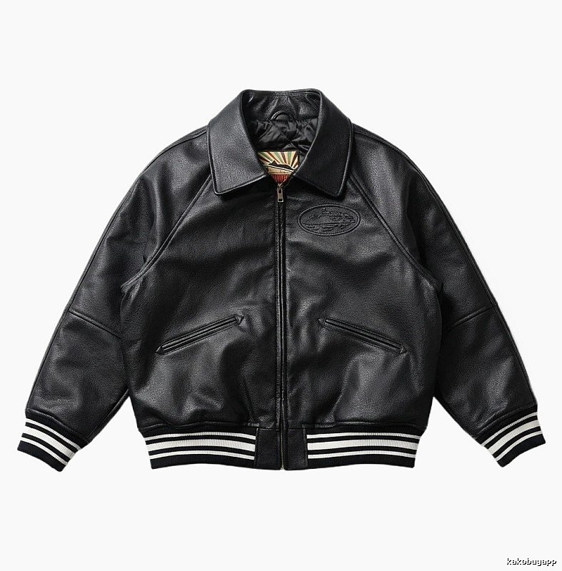 Corteiz baseball-style black leather jacket