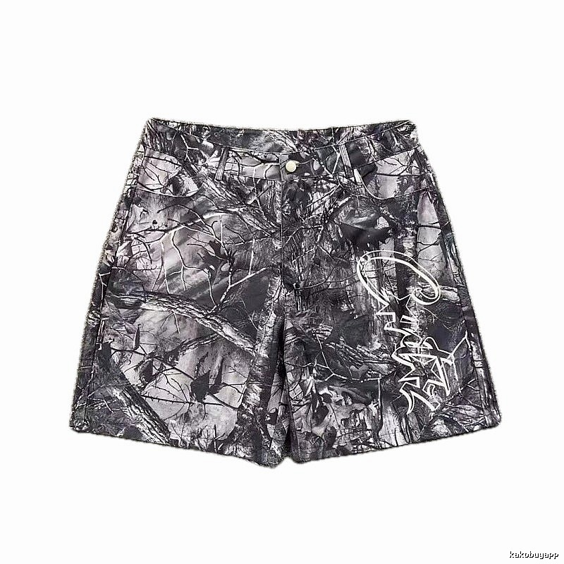 Corteiz Street Style Black and Grey Tree Grain Camouflage Shorts