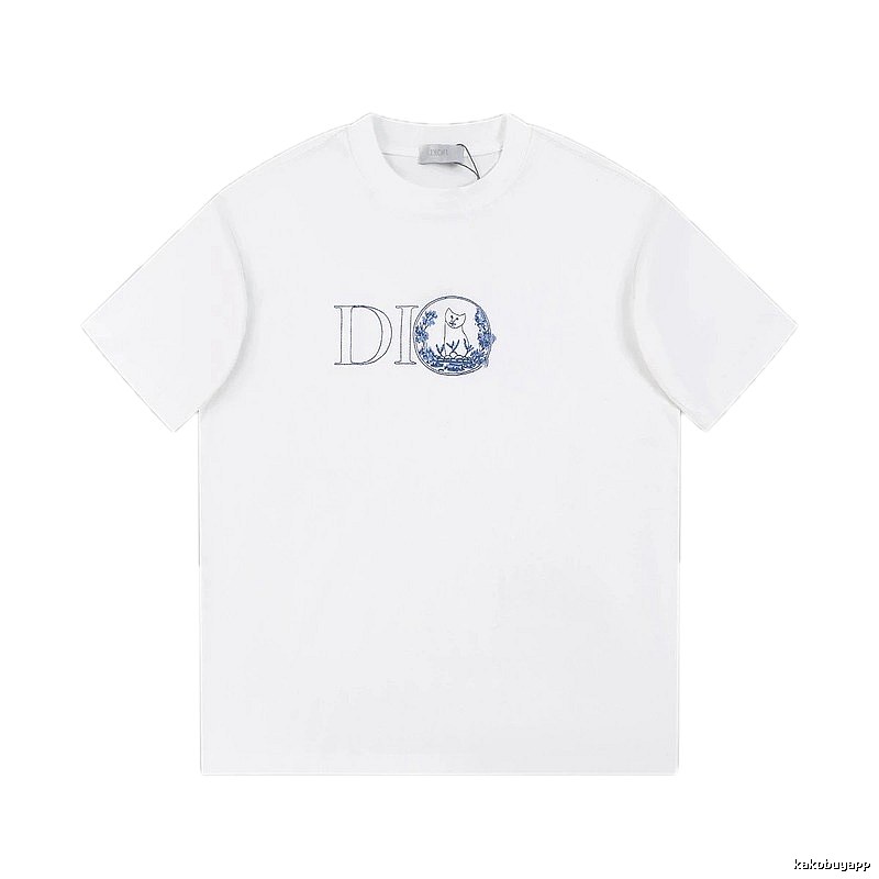 Dior Cat-Embroidered Light Luxury Style White Short-sleeve T-shirt