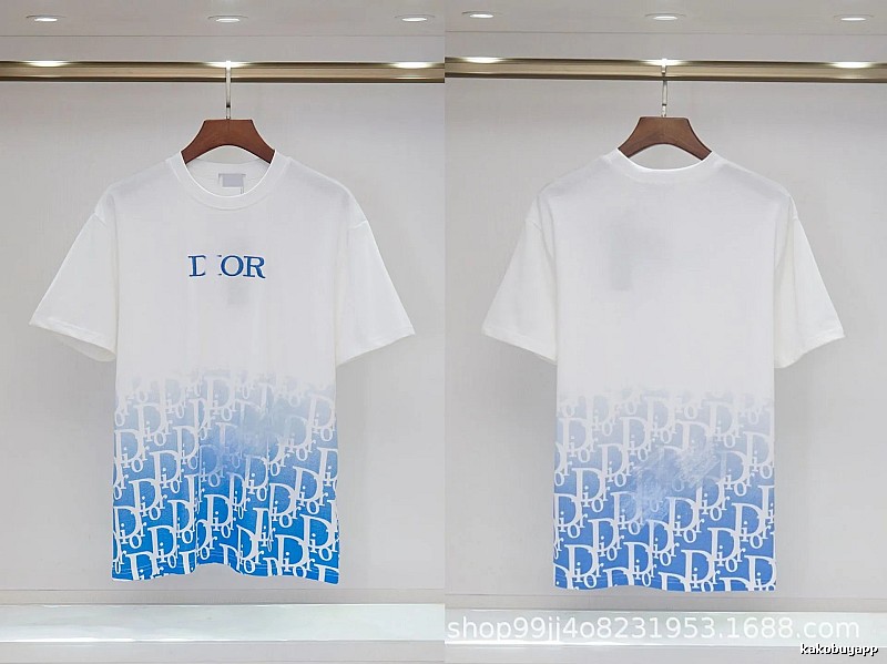Dior Oblique Gradient Trendy Style Blue and White Short-sleeved T-shirt