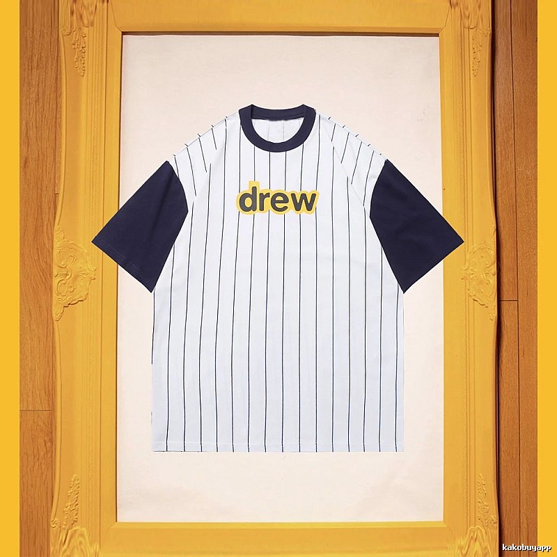 DREW Letter Print Street Style White and Navy Blue Short Sleeve T-Shirt