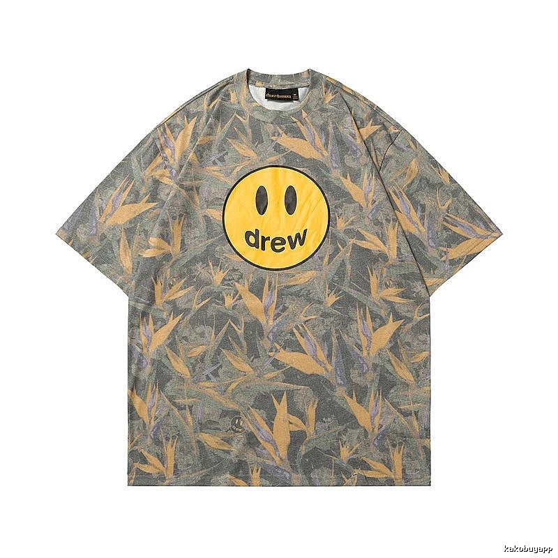 DREW Smiley All-over Print Street Style Grey and Yellow Short Sleeve T-Shirt