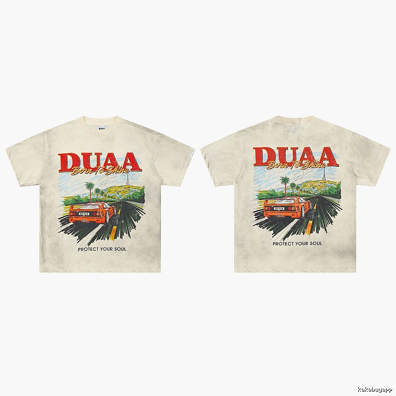 DUAA Sports Car Print American Retro Off-white Short Sleeve T-Shirt