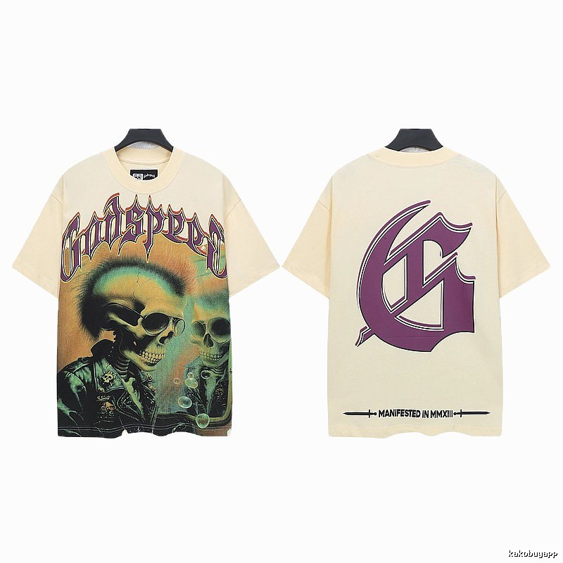 Godspeed Skull Print Gothic Style Beige Short Sleeve T-Shirt