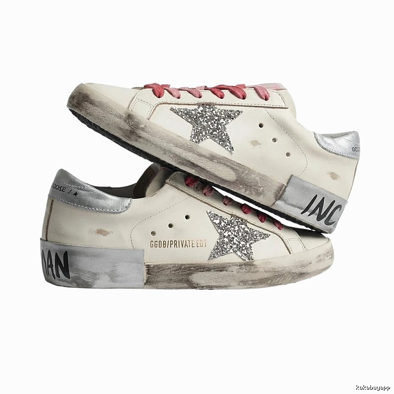 Golden Goose Dirty Sneakers in Silver and White Retro Style