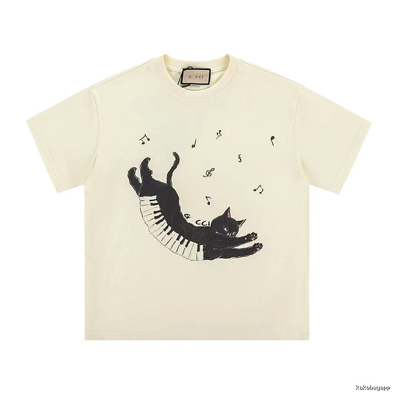 Gucci Artistic Style Cat Print Off-white Short-sleeve T-shirt