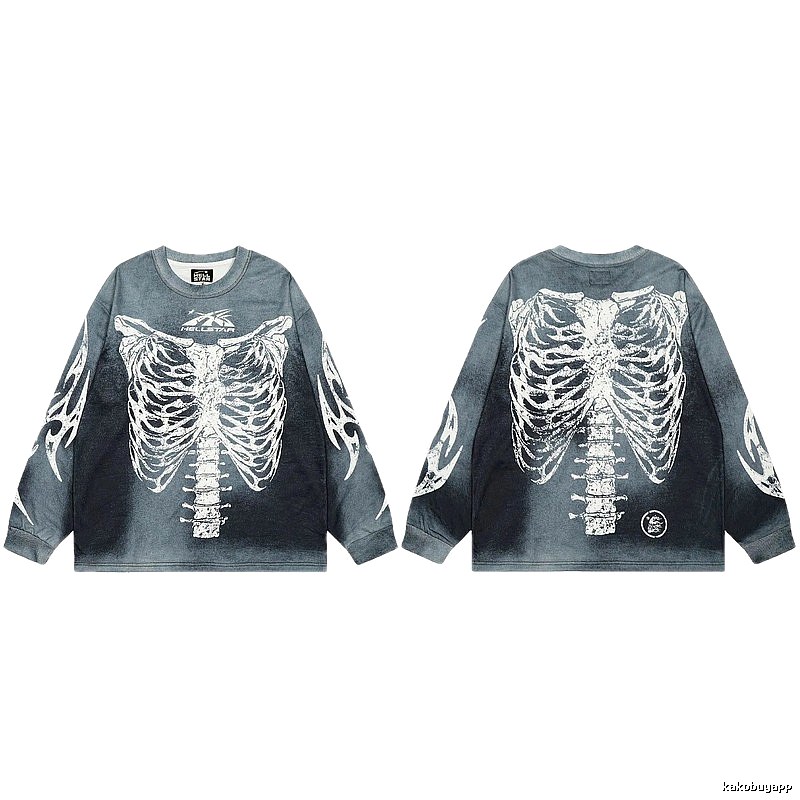 Hellstar Skull Print Street Style Vintage Grey Long Sleeve T-shirt