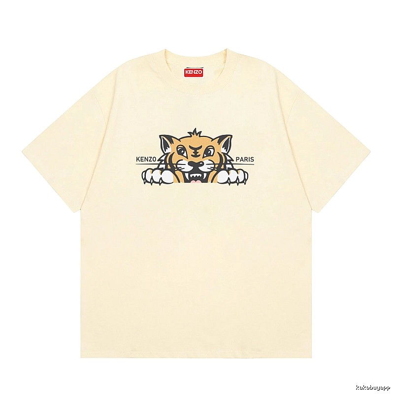 KENZO Tiger Head Print Streetwear Style Beige Short Sleeve T-Shirt