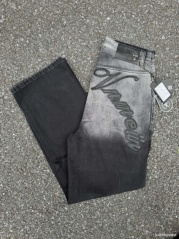 Large Script Branding And A Contrast Fade Gray Wash Moncler Logo Jeans