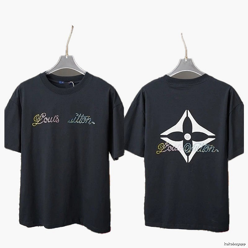 Louis Vuitton Trendy Style Black T-shirt with Hot-fix Rhinestones