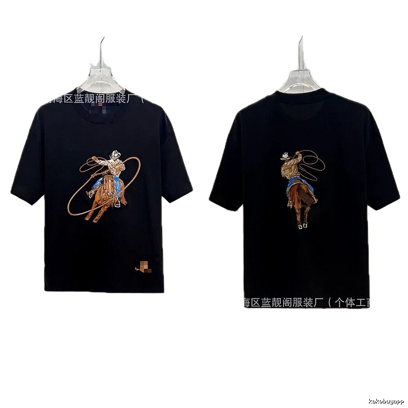Louis Vuitton Vintage Style Black T-Shirt with Denim Embroidery