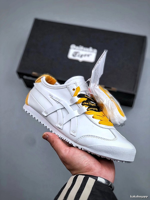 Onitsuka Tiger White and Yellow Low-Top Sneakers Highlighting Vintage-Inspired Shape