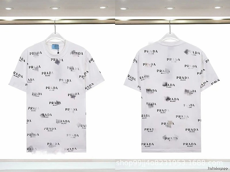 Prada All-over Print Streetwear Style White Short-sleeve T-Shirt