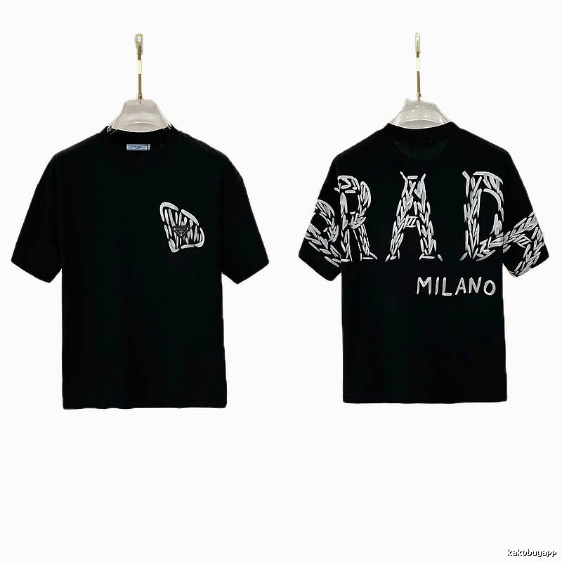 Prada Embroidered Streetwear Style Black Short-sleeve T-shirt