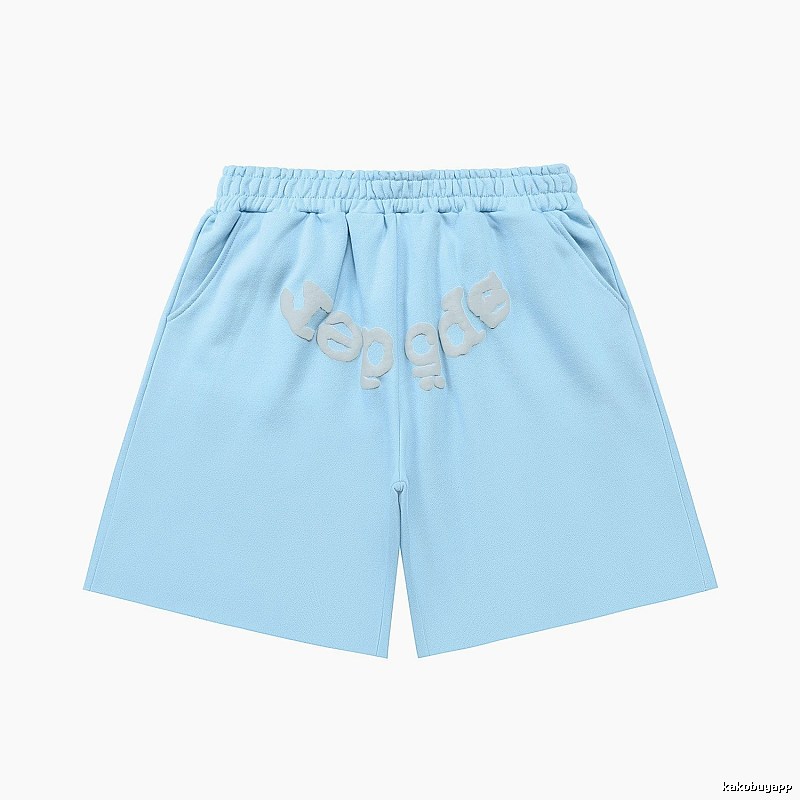 Sp5der letter-style light blue shorts