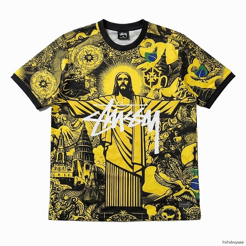 Stussy's religious-style yellow and black short-sleeve T-shirt