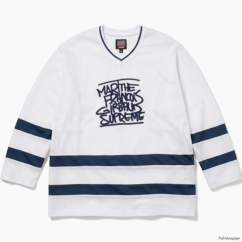 Supreme graffiti-style white and blue jersey