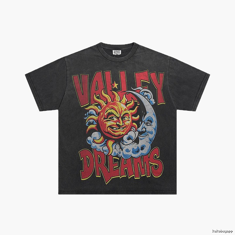 Valley Sun & Moon Print Vintage Black T-Shirt