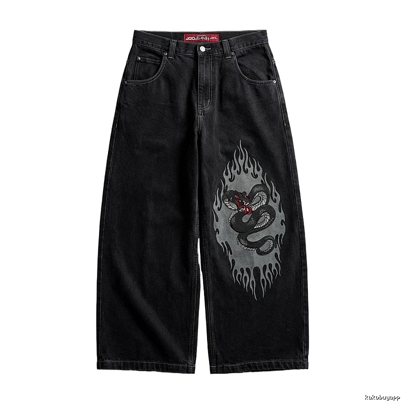 Y2K Flame Snake Print Black Jeans